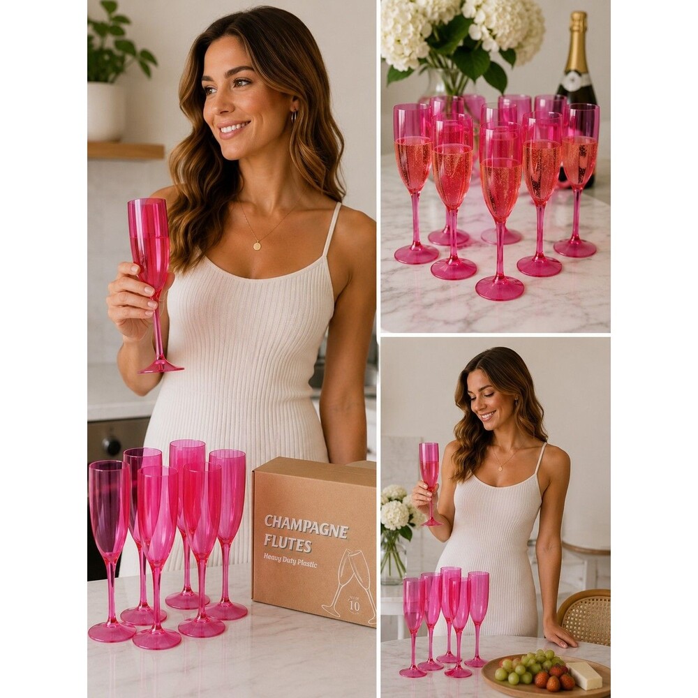 XUANSIGN Hot Pink Plastic Champagne Flutes Set of 7 Reusable Party Toast Glasses